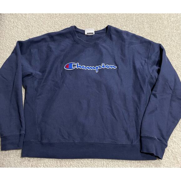 VTG Champion XL Reverse Weave Embroidered Large Spell Out Logo Sweatshirt Blue - Picture 1 of 10